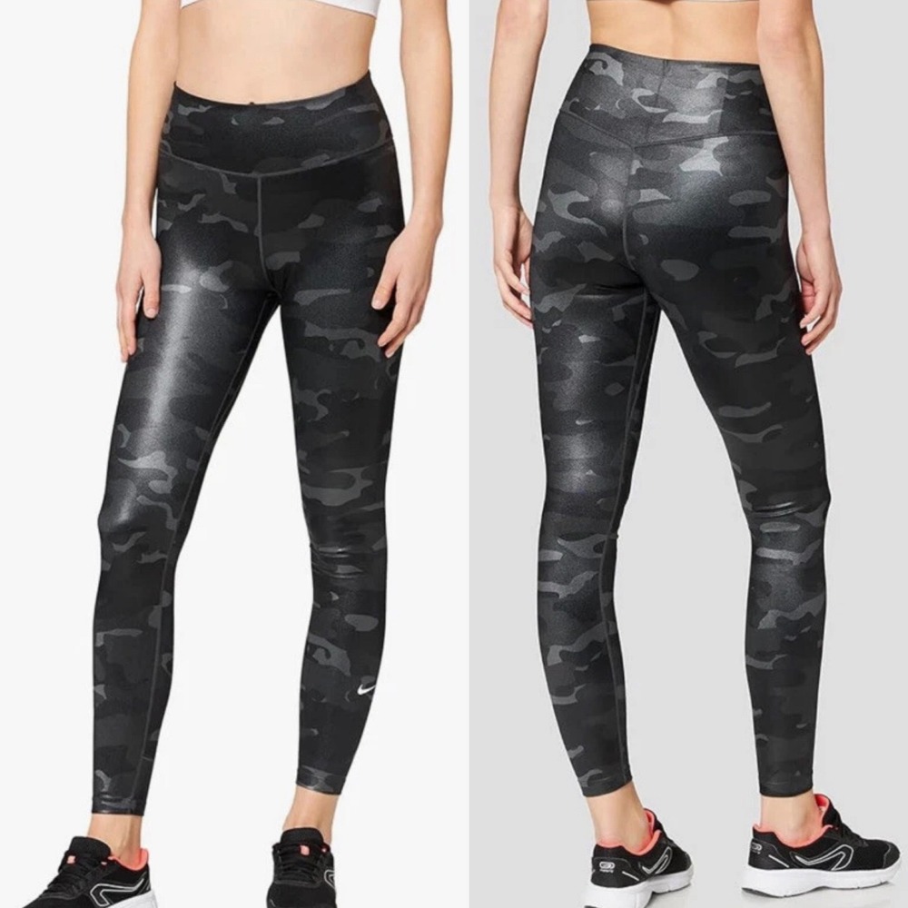Nike Dri-FIT One Womens Dark Smoke Grey Black Mid-Rise Camo Leggings XL